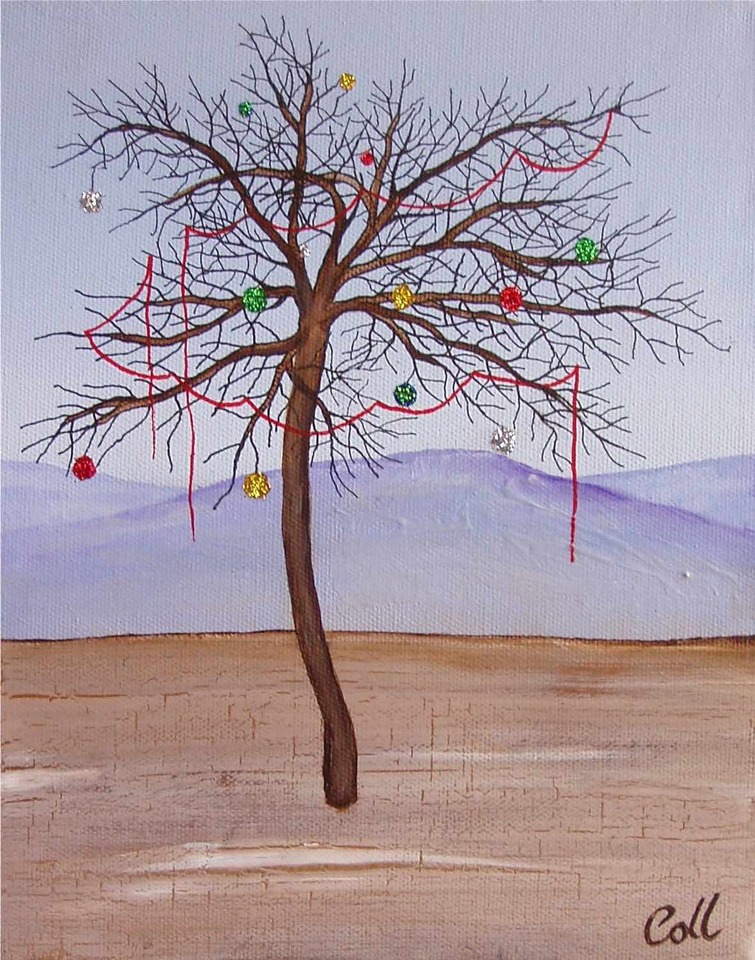 Painting of a tree with no leaves but festooned with Christmas baubles by New Zealand artist Collette Fergus