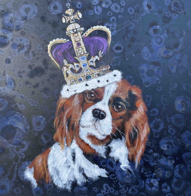 NZ Pet Portrait of a King Charles Spaniel with a crown on by nz pet portrait artist Collette Fergus