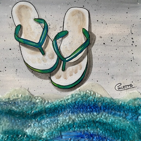 Kiwi As, painting of jandals on a beach by Collette Fergus