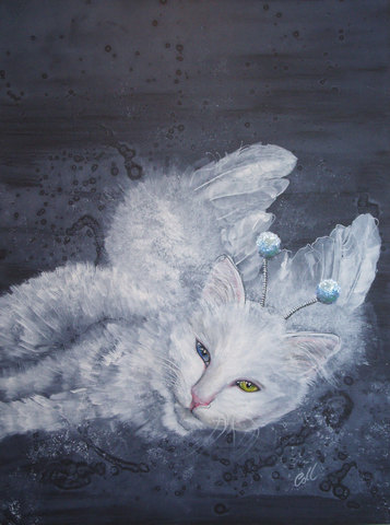 fluffy white cat with angel wings and headband