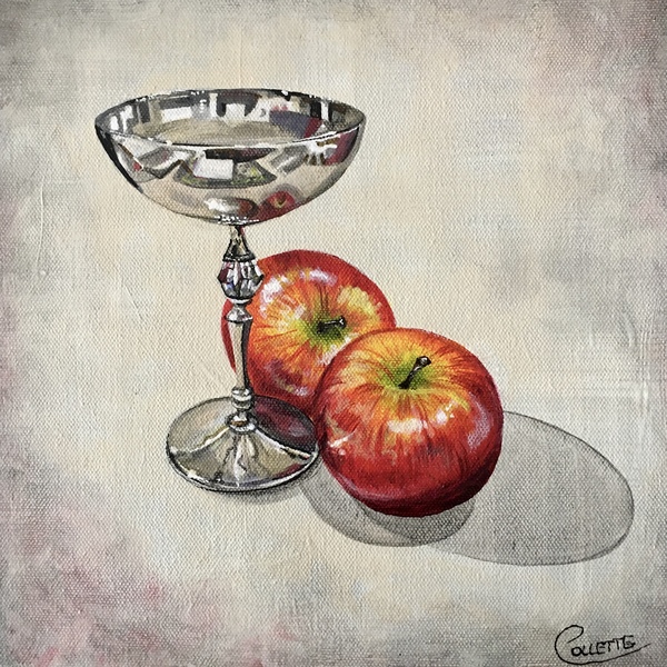 small realist painting of a silver goblet and apples