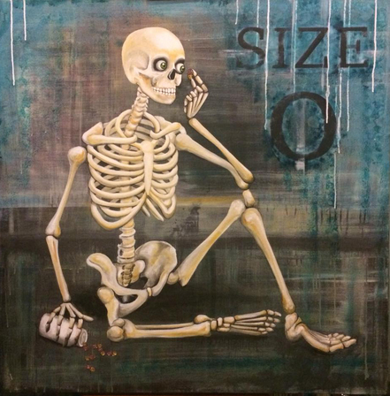 Size Zero artwork of skeleton taking diet pills by Collette Fergus an NZ artist