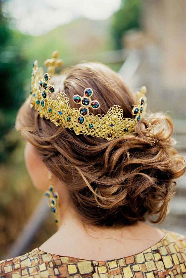 golden crown on a brides head