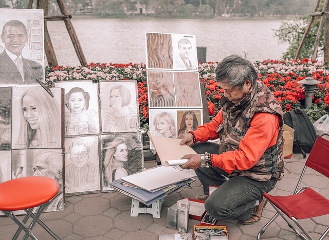 man at market doing commission art