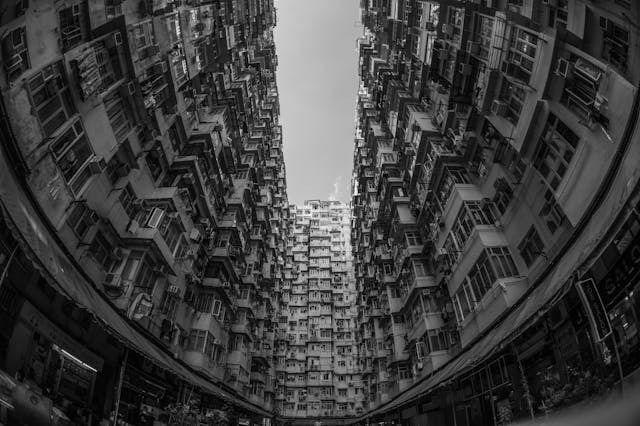 curved buildings hong Kong using fish eye lens