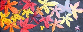 painting of autumn leaves showing the use of glossy glass paints on a textured background