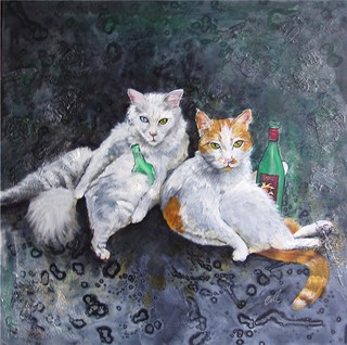 trouble, a painting of drunk cats by Collette Fergus