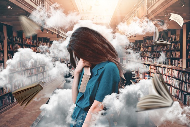 woman in library with books flying around