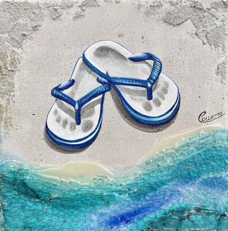 blue flip flop jandal footwear on beach artwork by Collette Fergus nz artist