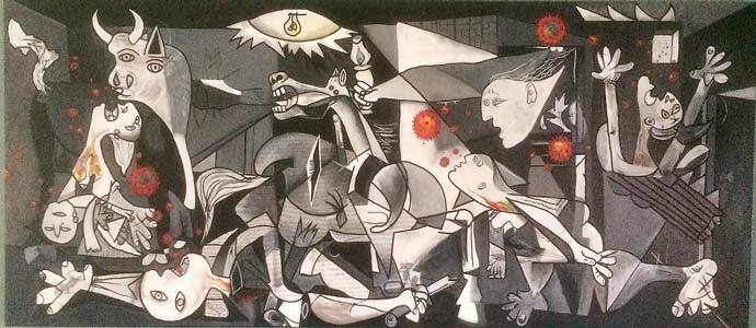 Cubism painting in greys and reds using Picassos Guernica by Collette Fergus
