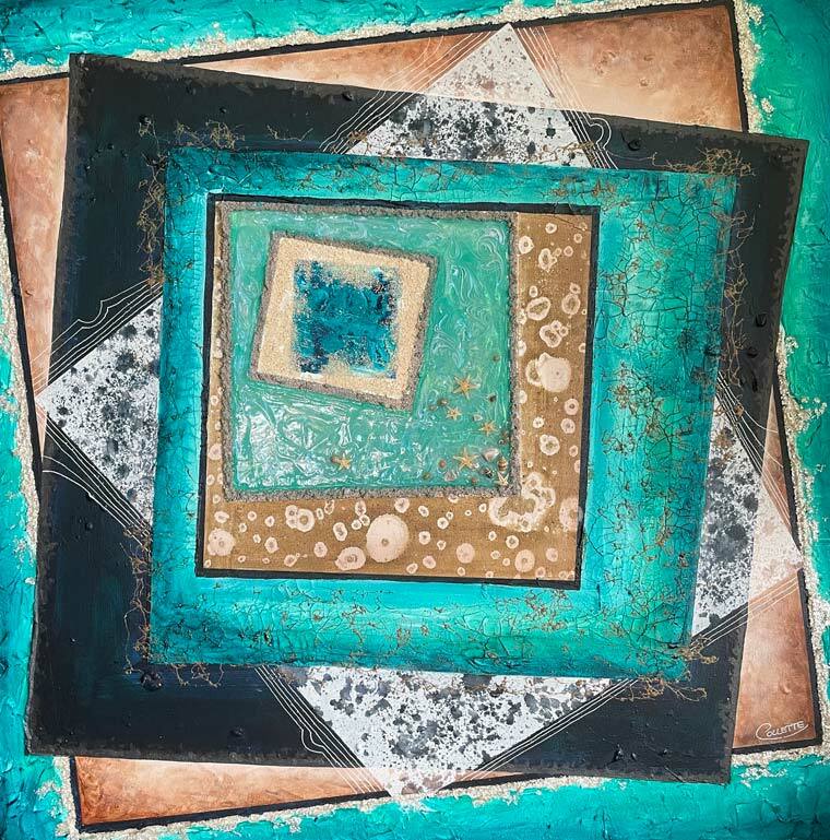 Unsquared an abstract square nz painting with beach theme by NZ artist Collette Fergus