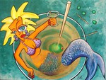 Boozehag character as a mermaid in a martini glass