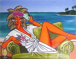 Boozehag character reclining on couch in Rarotonga