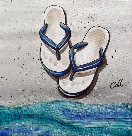 blue jandals on a beach painting by NZ artist Collette