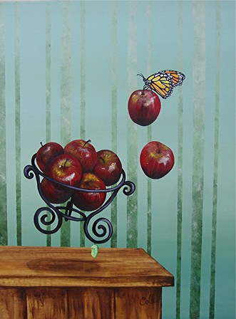 a surrelaist still life of floating apples