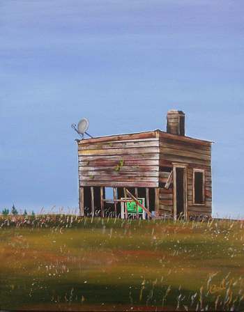 But We Have Sky, a tiny old shack wit a large TV and ky TV dish